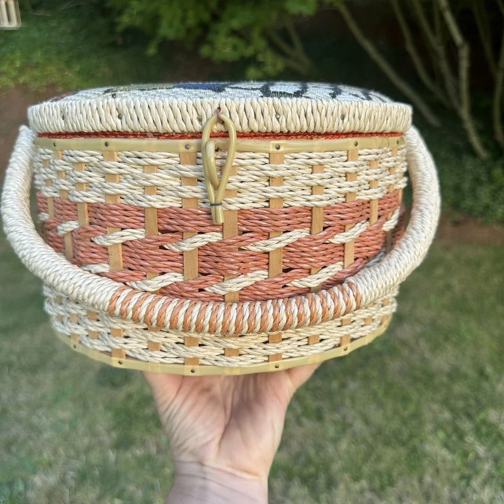 Vintage Wicker Sewing Basket Orange Satin Liner Japan Handle Woven Tapestry Lid